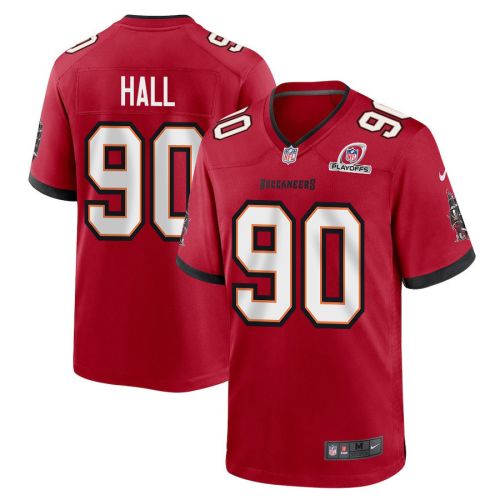 Logan Hall 90 Tampa Bay Buccaneers 2023 Playoffs Patch Game Men Jersey - Red