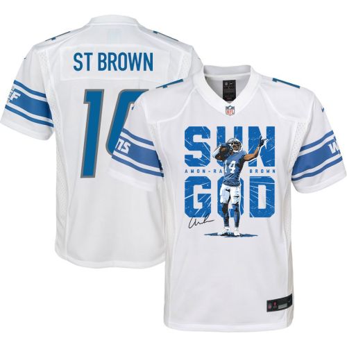 Amon-Ra St. Brown 14 Detroit Lions Signed Scratch Sun God Game YOUTH Jersey - White