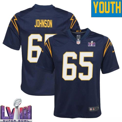 Zion Johnson 65 Los Angeles Chargers Super Bowl LVIII YOUTH Alternate Game Jersey - Navy