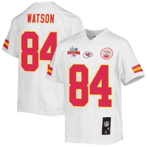 Justin Watson 84 Kansas City Chiefs Super Bowl LVII Champions 3 Stars Youth Game Jersey - White