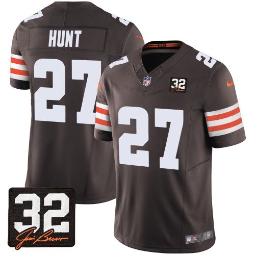 Kareem Hunt 27 Cleveland Browns Jim Brown Memorial Patch Game Men Jersey - Brown