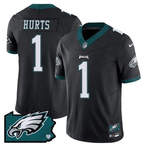 Jalen Hurts 1 Philadelphia Eagles Pennsylvania State Map Patch Game Men Jersey - Black