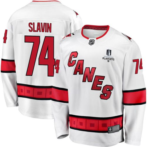 Jaccob Slavin 74 Carolina Hurricanes Stanley Cup 2023 Playoffs Patch Away Breakaway Men Jersey - White