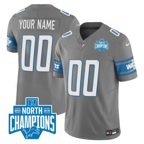 Detroit Lions 2023 NFC North Division Champions Patch Game Custom Men Jersey - Gray