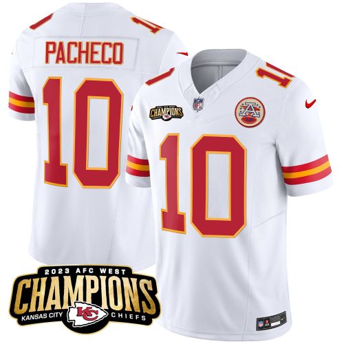 Isiah Pacheco 10 Kansas City Chiefs 2023 AFC West Champions Patch Game Men Jersey - White