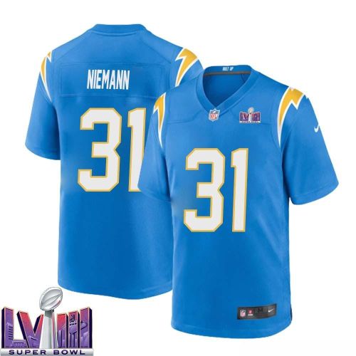 Nick Niemann 31 Los Angeles Chargers Super Bowl LVIII Men Home Game Jersey - Powder Blue