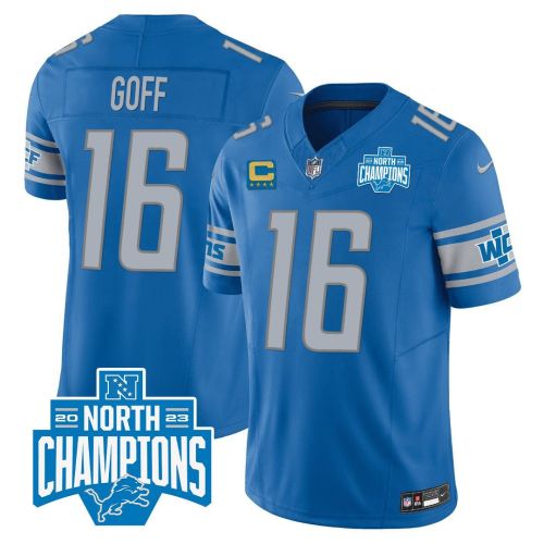 Jared Goff 16 Detroit Lions 2023 NFC North Division Champions Patch Game Men Jersey - Blue