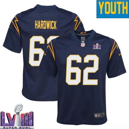 Nick Hardwick 62 Los Angeles Chargers Super Bowl LVIII YOUTH Alternate Game Jersey - Navy