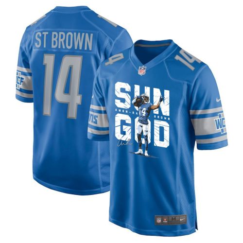 Amon-Ra St. Brown 14 Detroit Lions Signed Scratch Sun God Game Men Jersey - Blue