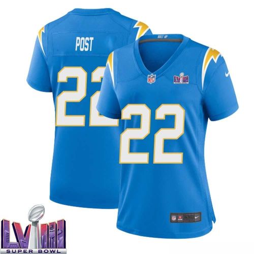 Dickie Post 22 Los Angeles Chargers Super Bowl LVIII Women Home Game Jersey - Powder Blue