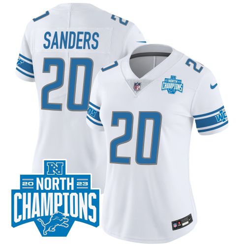 Barry Sanders 20 Detroit Lions 2023 NFC North Division Champions Patch Women Game Jersey - White