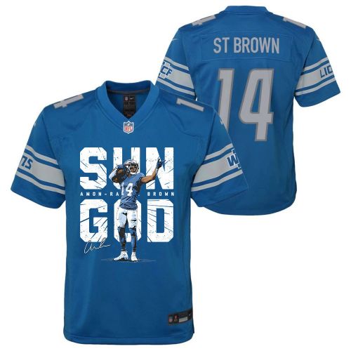 Amon-Ra St. Brown 14 Detroit Lions Signed Scratch Sun God Game YOUTH Jersey - Blue