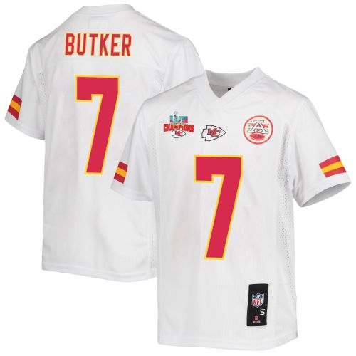 Harrison Butker 7 Kansas City Chiefs Super Bowl LVII Champions 3 Stars Youth Game Jersey - White