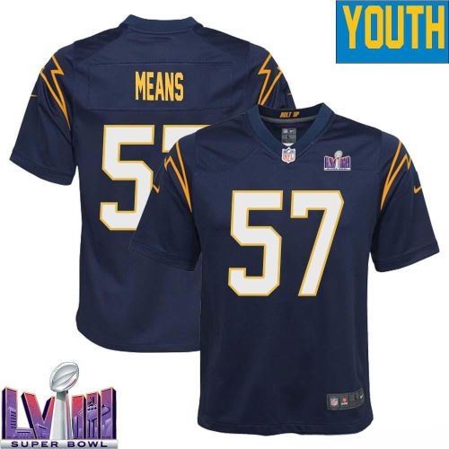 Natrone Means 57 Los Angeles Chargers Super Bowl LVIII YOUTH Alternate Game Jersey - Navy