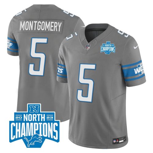 David Montgomery 5 Detroit Lions 2023 NFC North Division Champions Patch Game Men Jersey - Gray