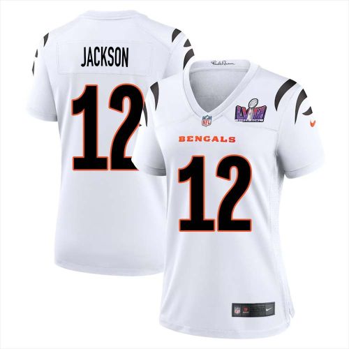 Shedrick Jackson 12 Cincinnati Bengals Super Bowl LVIII Women Away Limited Jersey - White