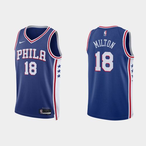 Philadelphia 76ers 18 Shake Milton 2022-23 Icon Edition Royal Men Jersey