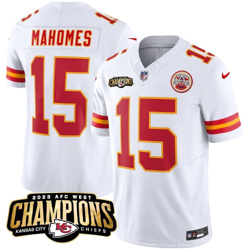 Patrick Mahomes 15 Kansas City Chiefs 2023 AFC West Champions Patch Game Men Jersey - White