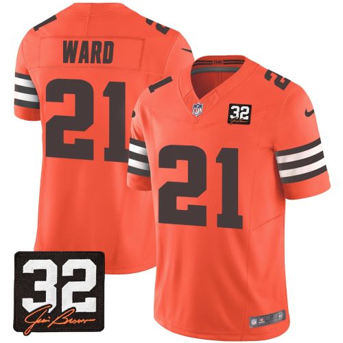 Denzel Ward 21 Cleveland Browns Jim Brown Memorial Patch Game Men Jersey - Orange