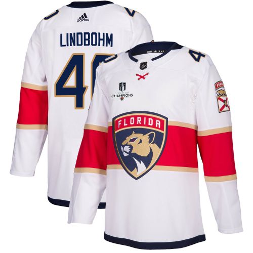 Florida Panthers Petteri Lindbohm 40 Away 2023 Stanley Cup Champions Breakaway Men Jersey - White