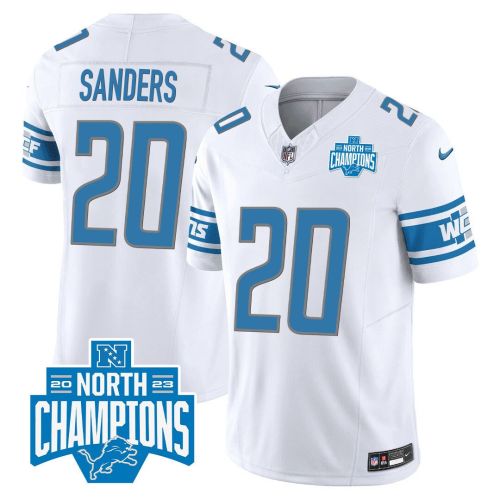 Barry Sanders 20 Detroit Lions 2023 NFC North Division Champions Patch Game Men Jersey - White