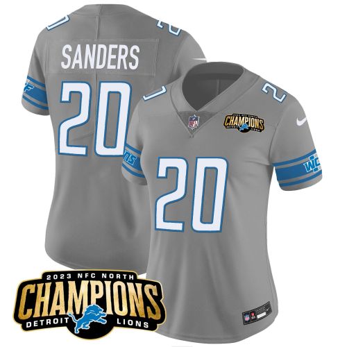 Barry Sanders 20 Detroit Lions 2023 NFC North Champions Patch Women Game Jersey - Gray