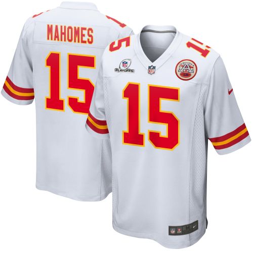 Patrick Mahomes 15 Kansas City Chiefs 2023 Playoffs Patch Game Men Jersey - White