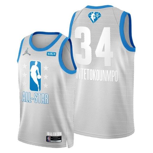 2022 Cleveland All-Star Bucks 34 Giannis Antetokounmpo Grey Blue Jersey 75th Patch - Men Jersey