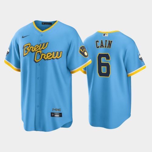 Men's Milwaukee Brewers 6 Lorenzo Cain 2022-23 City Connect Powder Blue Jersey