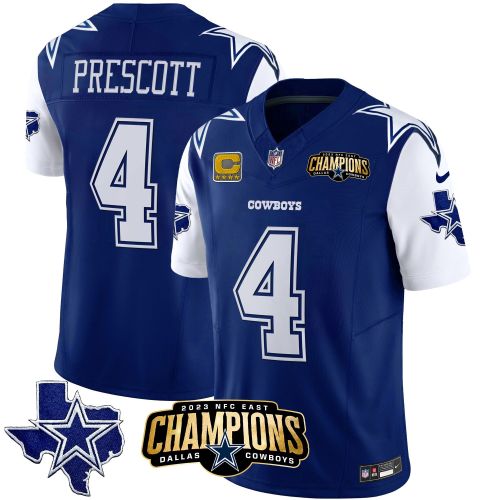 Dak Prescott 4 Dallas Cowboys 2023 NFC East Champions Patch Game Men Jersey - Royal