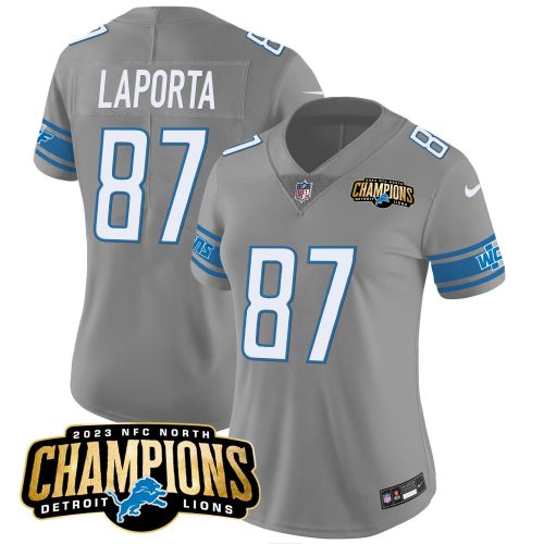 Sam LaPorta 87 Detroit Lions 2023 NFC North Champions Patch Women Game Jersey - Gray