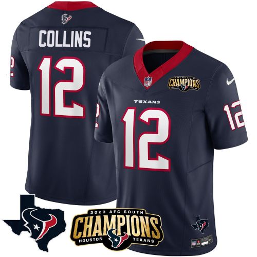 Nico Collins 12 Houston Texans 2023 AFC South Champions Patch Game Men Jersey - Navy