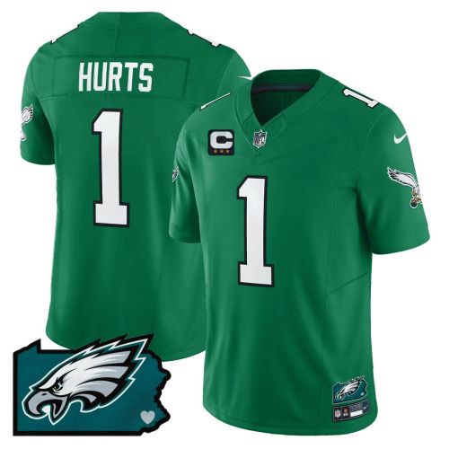 Jalen Hurts 1 Philadelphia Eagles Pennsylvania State Map Patch Alternate Game Men Jersey - Kelly Green