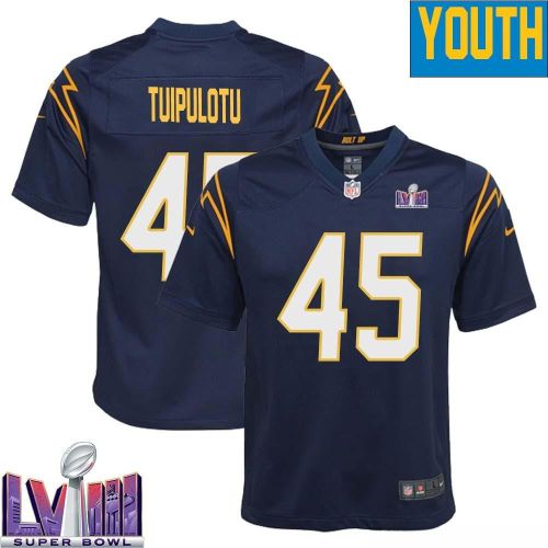 Tuli Tuipulotu 45 Los Angeles Chargers Super Bowl LVIII YOUTH Alternate Game Jersey - Navy