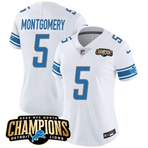 David Montgomery 5 Detroit Lions 2023 NFC North Champions Patch Women Game Jersey - White