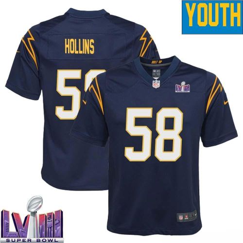 Justin Hollins 58 Los Angeles Chargers Super Bowl LVIII YOUTH Alternate Game Jersey - Navy