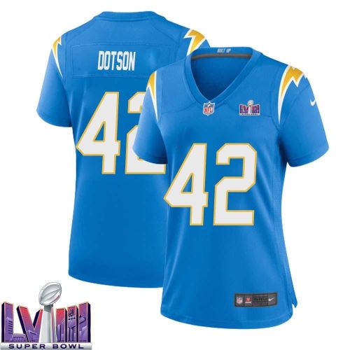 Elijah Dotson 42 Los Angeles Chargers Super Bowl LVIII Women Home Game Jersey - Powder Blue