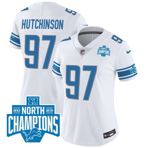 Aidan Hutchinson 97 Detroit Lions 2023 NFC North Division Champions Patch Women Game Jersey - White