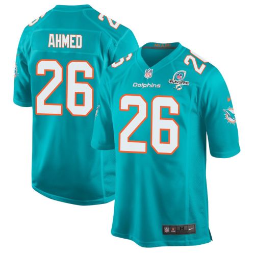 Salvon Ahmed 26 Miami Dolphins 2023 Playoffs Patch Game Men Jersey - Aqua