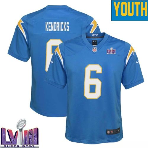 Eric Kendricks 6 Los Angeles Chargers Super Bowl LVIII YOUTH Home Game Jersey - Powder Blue