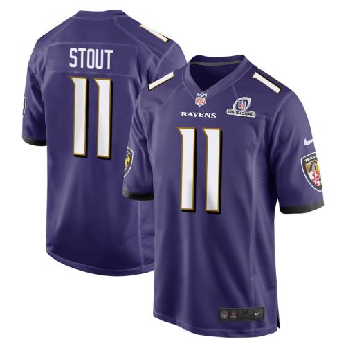 Jordan Stout 11 Baltimore Ravens 2024 Divisional Patch Game Men Jersey - Purple