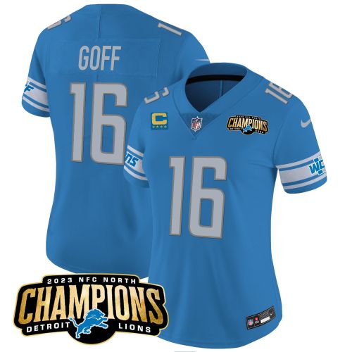 Jared Goff 16 Detroit Lions 2023 NFC North Champions Patch Women Game Jersey - Blue