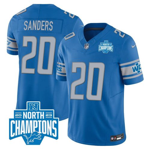 Barry Sanders 20 Detroit Lions 2023 NFC North Division Champions Patch Game Men Jersey - Blue