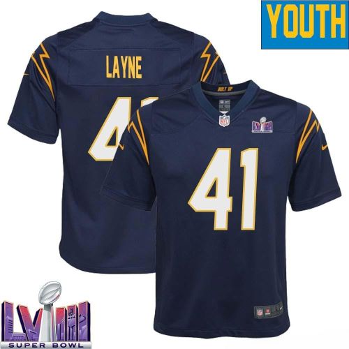 Raheem Layne 41 Los Angeles Chargers Super Bowl LVIII YOUTH Alternate Game Jersey - Navy