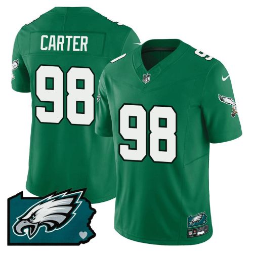 Jalen Carter 98 Philadelphia Eagles Pennsylvania State Map Patch Alternate Game Men Jersey - Kelly Green