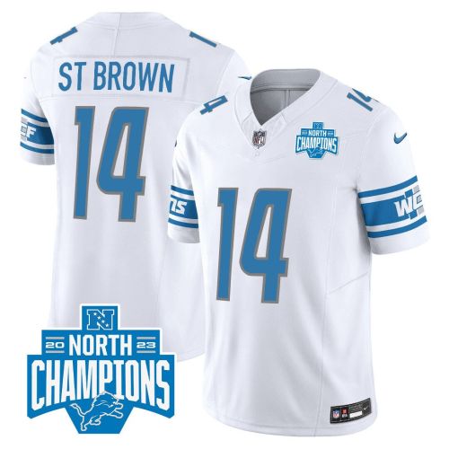 Amon-Ra St. Brown 14 Detroit Lions 2023 NFC North Division Champions Patch Game Men Jersey - White