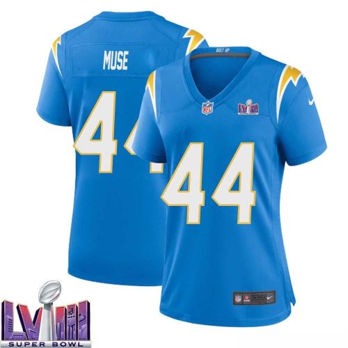 Tanner Muse 44 Los Angeles Chargers Super Bowl LVIII Women Home Game Jersey - Powder Blue