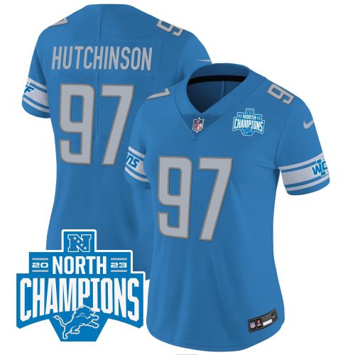 Aidan Hutchinson 97 Detroit Lions 2023 NFC North Division Champions Patch Women Game Jersey - Blue