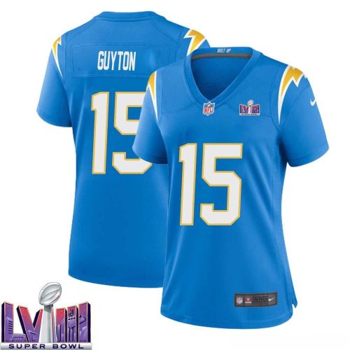 Jalen Guyton 15 Los Angeles Chargers Super Bowl LVIII Women Home Game Jersey - Powder Blue