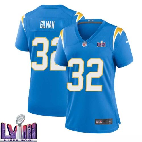 Alohi Gilman 32 Los Angeles Chargers Super Bowl LVIII Women Home Game Jersey - Powder Blue